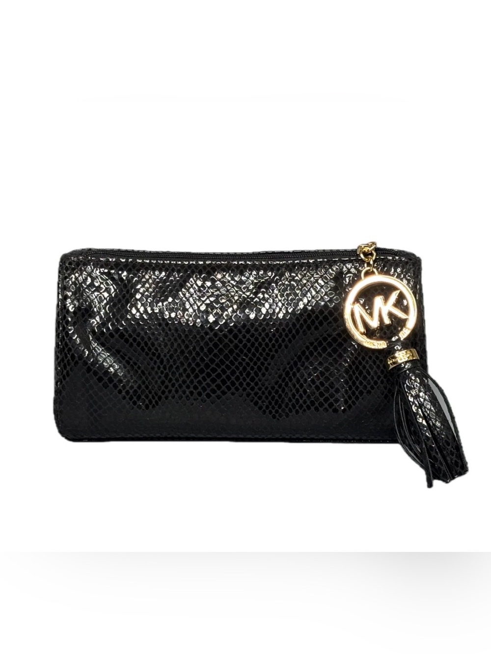 Michael Kors Black Snake-Embossed Leather Cosmetic Pouch w Gold MK Tassel EUC - Picture 3 of 15